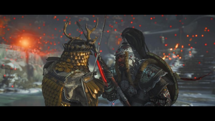 Two samurai warriors in armor facing each other in Ghost of Tsushima