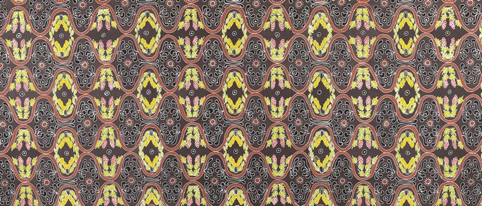 Brown fabric with yellow and pink wavy pattern