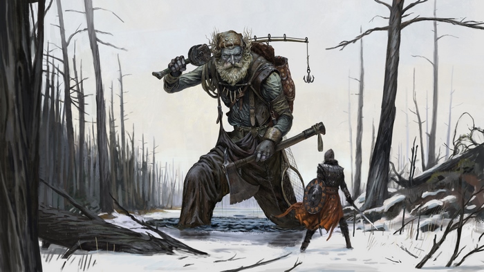 Giant Fisherman Confronts Warrior in Elden Ring
