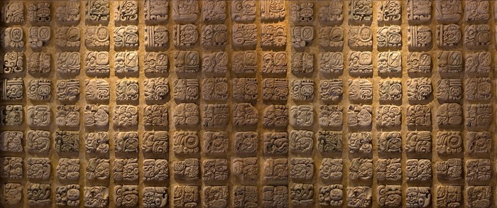 Maya Civilization Stone Wall with Hieroglyphs