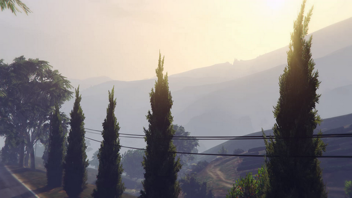GTA Online Tongva Hills sunrise with cypress trees