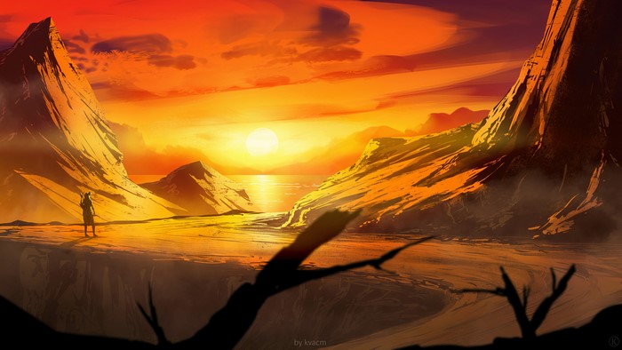 Digital art landscape with sun and branch