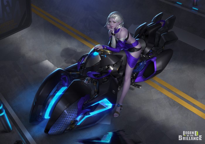 Elf woman in futuristic outfit on a sci-fi motorcycle