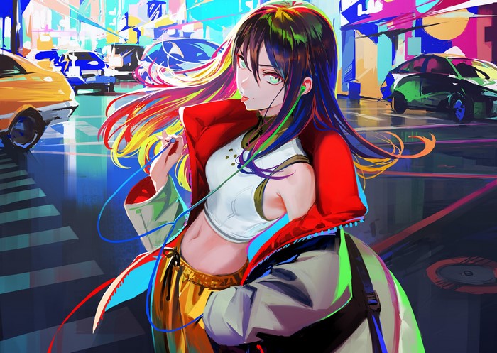Anime girl with colorful hair in a city street