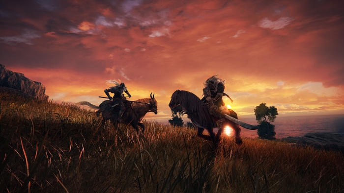Elden Ring: Two Tarnished ride horses at sunset
