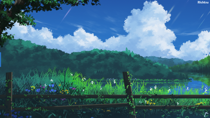 Digital artwork of a landscape with a lake and trees