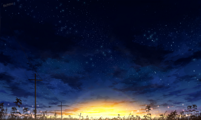 Digital art of a starry sky over a field with power lines