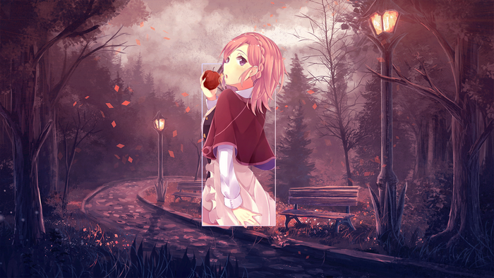 Anime girl with pink hair eating an apple in a park