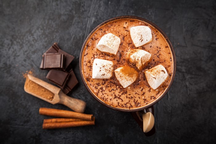 Hot chocolate with marshmallows, chocolate, and cinnamon sticks
