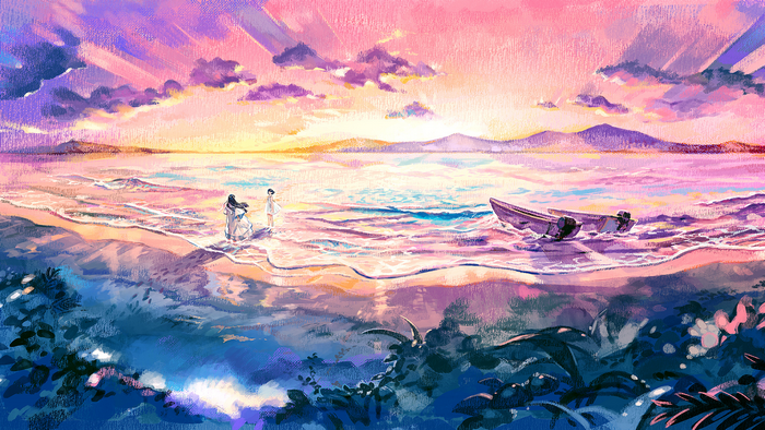 Two people on a beach at sunset with a boat