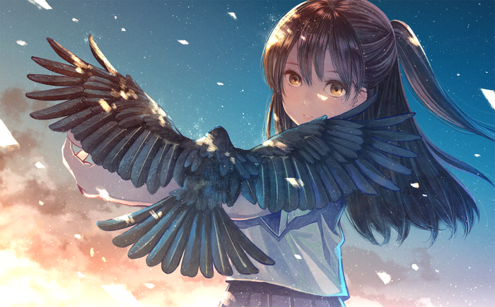 Anime girl with crow wings in the sky