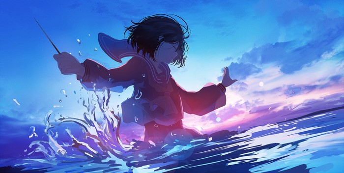 Anime girl in school uniform in water at sunset