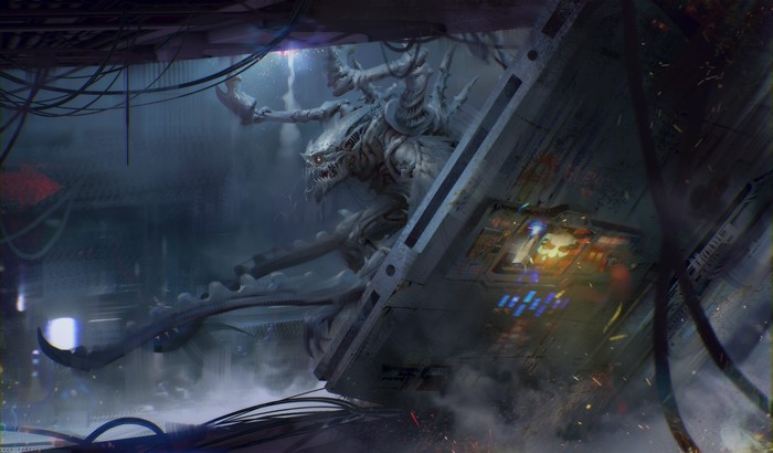 Alien creature in a damaged spaceship interior