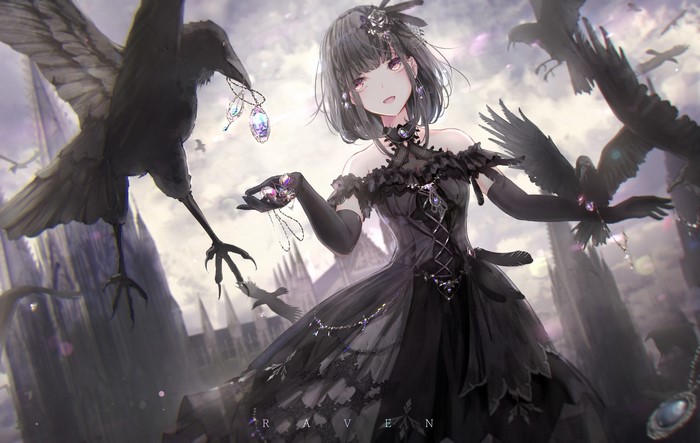 Anime girl in black dress with crows and jewels