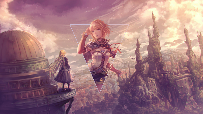Anime girls in a fantasy city with a triangle overlay