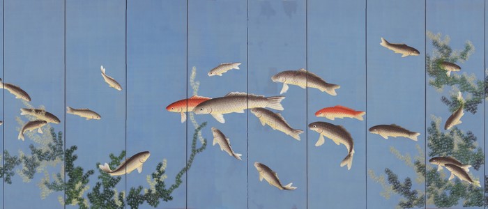 Artwork of fish swimming in blue water