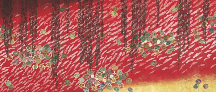 Folding screen with weeping willow and water lilies