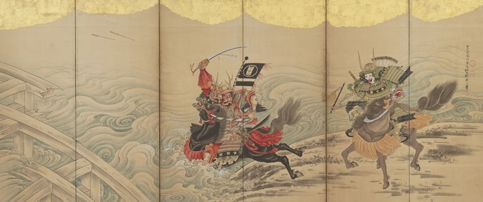 Battle scene on a folding screen with samurai on horseback