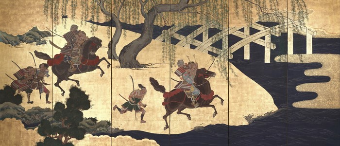 Samurai warriors on horseback crossing a river near a bridge