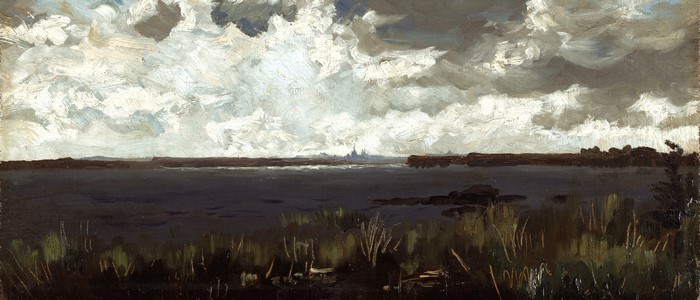 Oil painting of a wide body of water under a cloudy sky