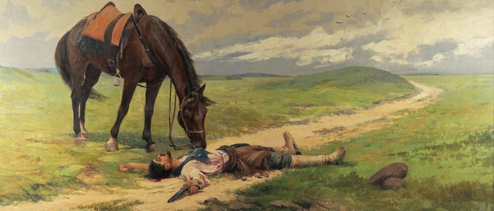 Oil painting of a horse and a fallen man