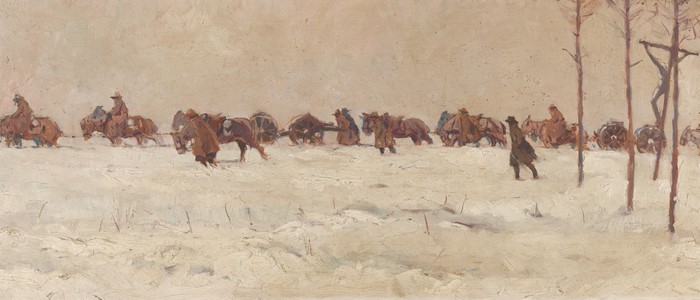 Painting of a cavalry unit in a snowy landscape