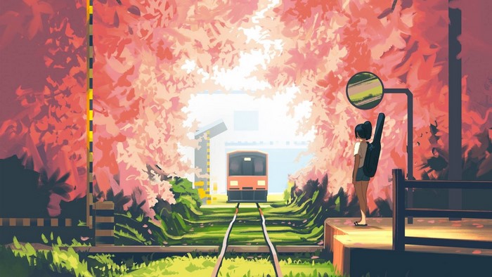 Anime girl with guitar at train station under cherry blossoms