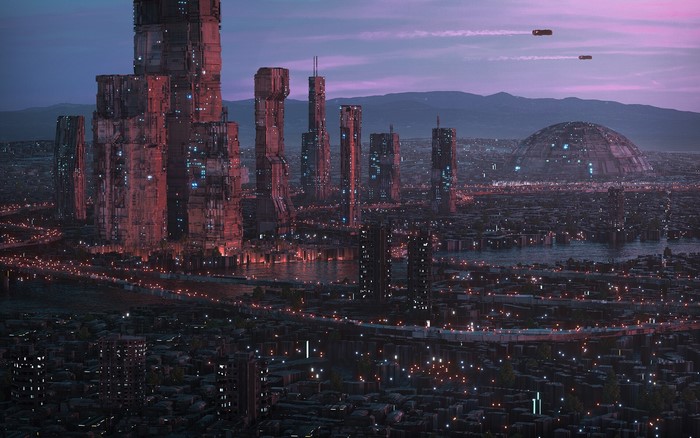 Futuristic city with skyscrapers and a dome at dusk