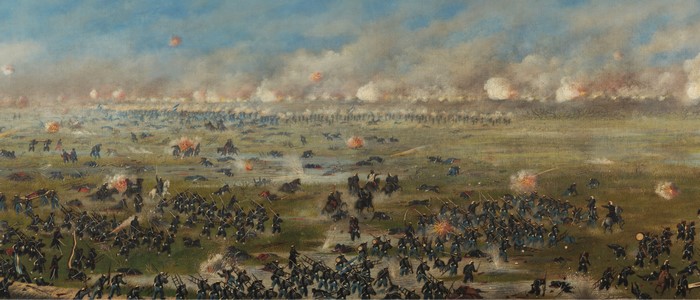Battle scene painting with soldiers and explosions
