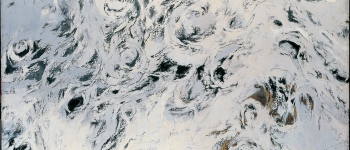 Abstract painting with swirling black and white textures