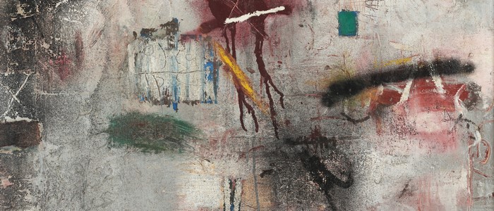 Abstract painting with spray paint and mixed media