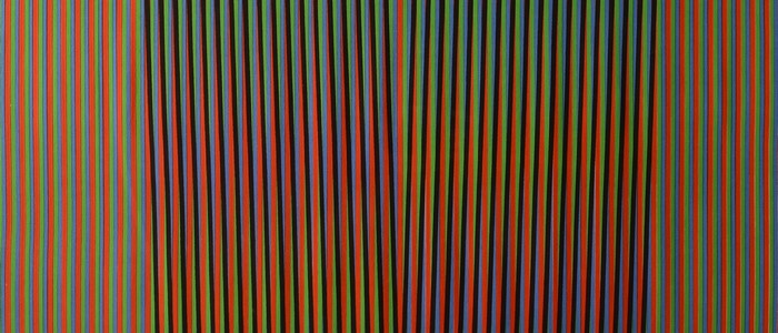 Abstract artwork with vertical stripes of red, blue, and green
