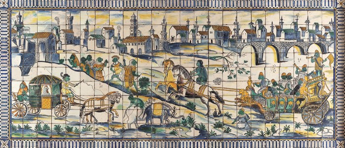 Tile mosaic depicting a procession with carriages and elephants