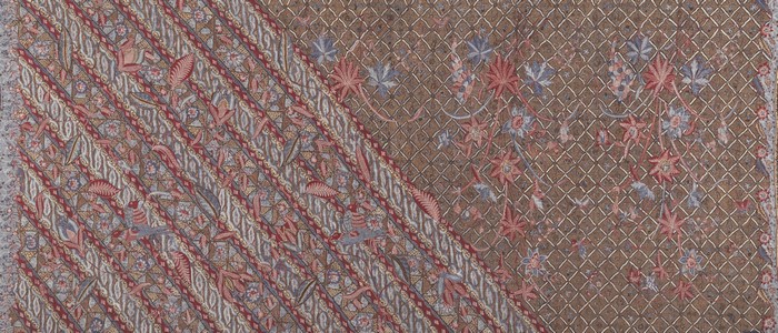 Brown silk fabric with floral and diagonal patterns