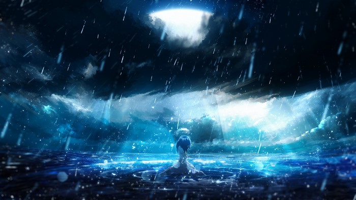 Anime girl in the rain on Lonely Waters