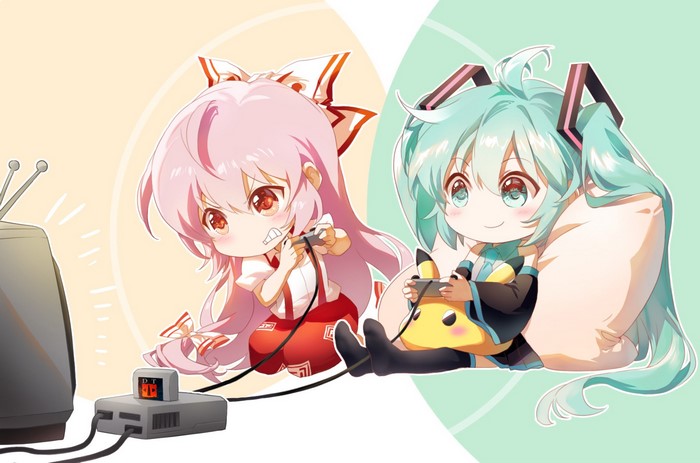 Fujiwara no Mokou and Hatsune Miku playing video games