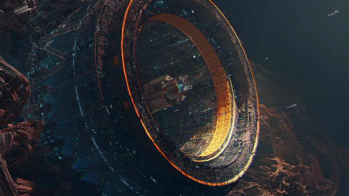 Sci-Fi Space Station Orbiting Alien Planet