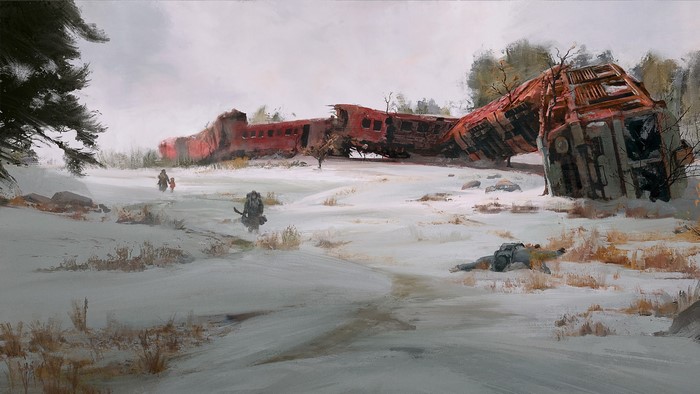 Winter scene with wrecked train and figures