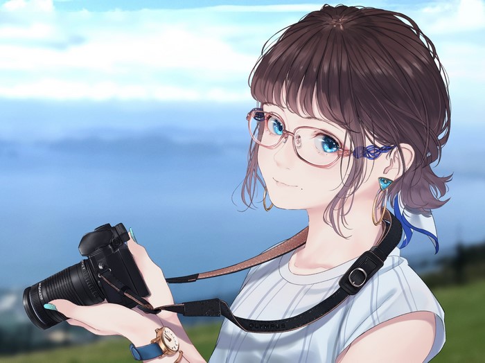 Anime girl with glasses holding a camera