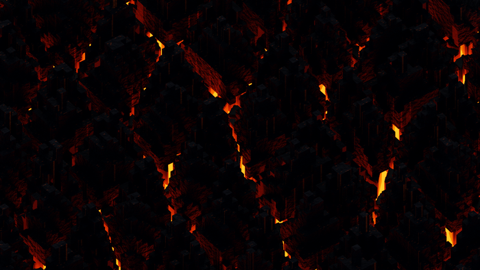 3D abstract render of dark blocks with glowing lava