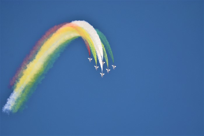 PLAF Flight jets performing aerobatics with colored smoke