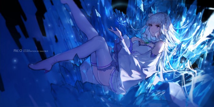 Emilia from Re:Zero sitting on ice crystals