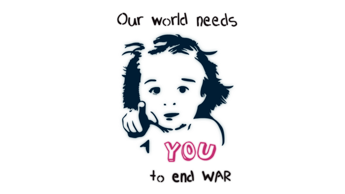 Child pointing and text about ending war