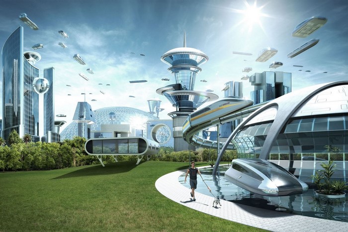 Futuristic city with flying vehicles and monorail