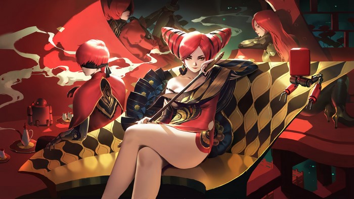A2 from Nier: Automata in a red and gold setting