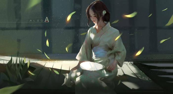 Woman in Kimono with Cat and Falling Leaves