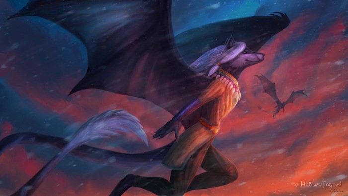 Anthro wolf with wings flying in the sky