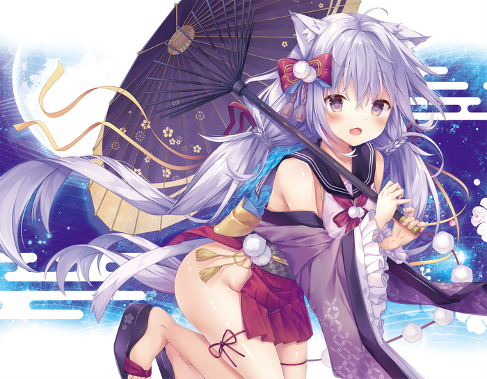 Cat girl with umbrella in Japanese clothes