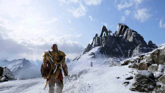 Kratos from God of War in a snowy mountain landscape
