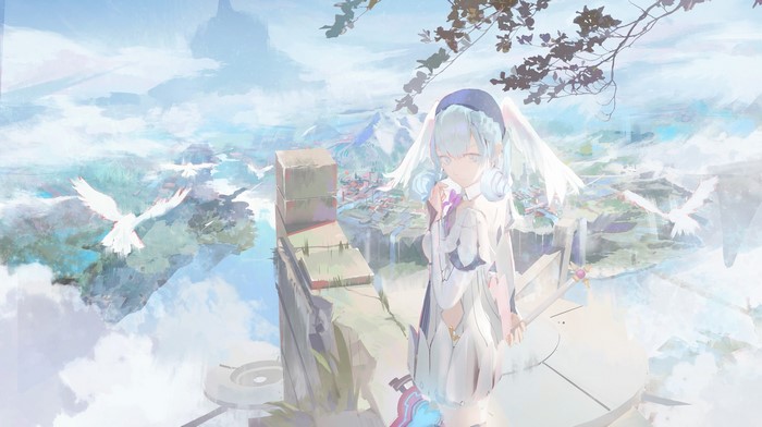 Anime girl with wings in a fantasy landscape